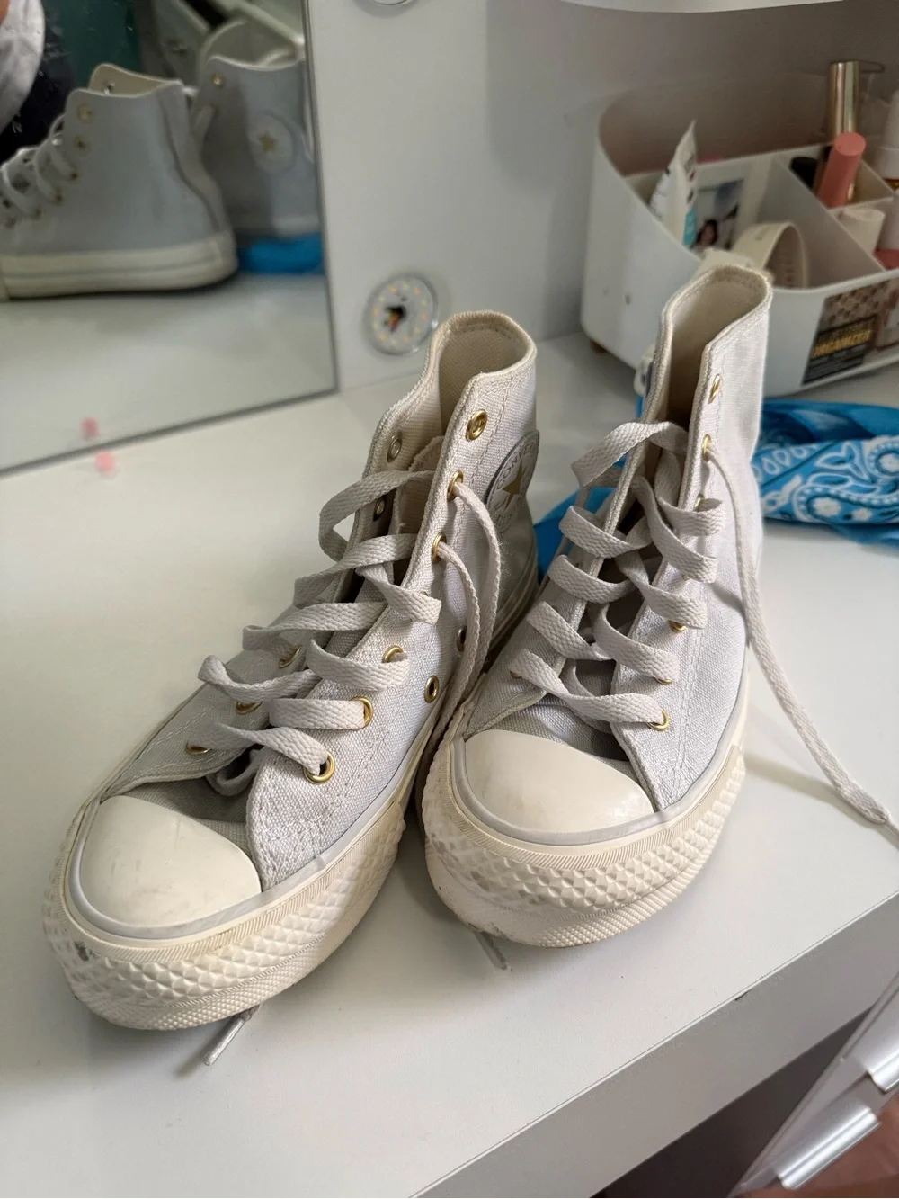 Converse High Top Sneakers in Light Beige with Gold Eyelets